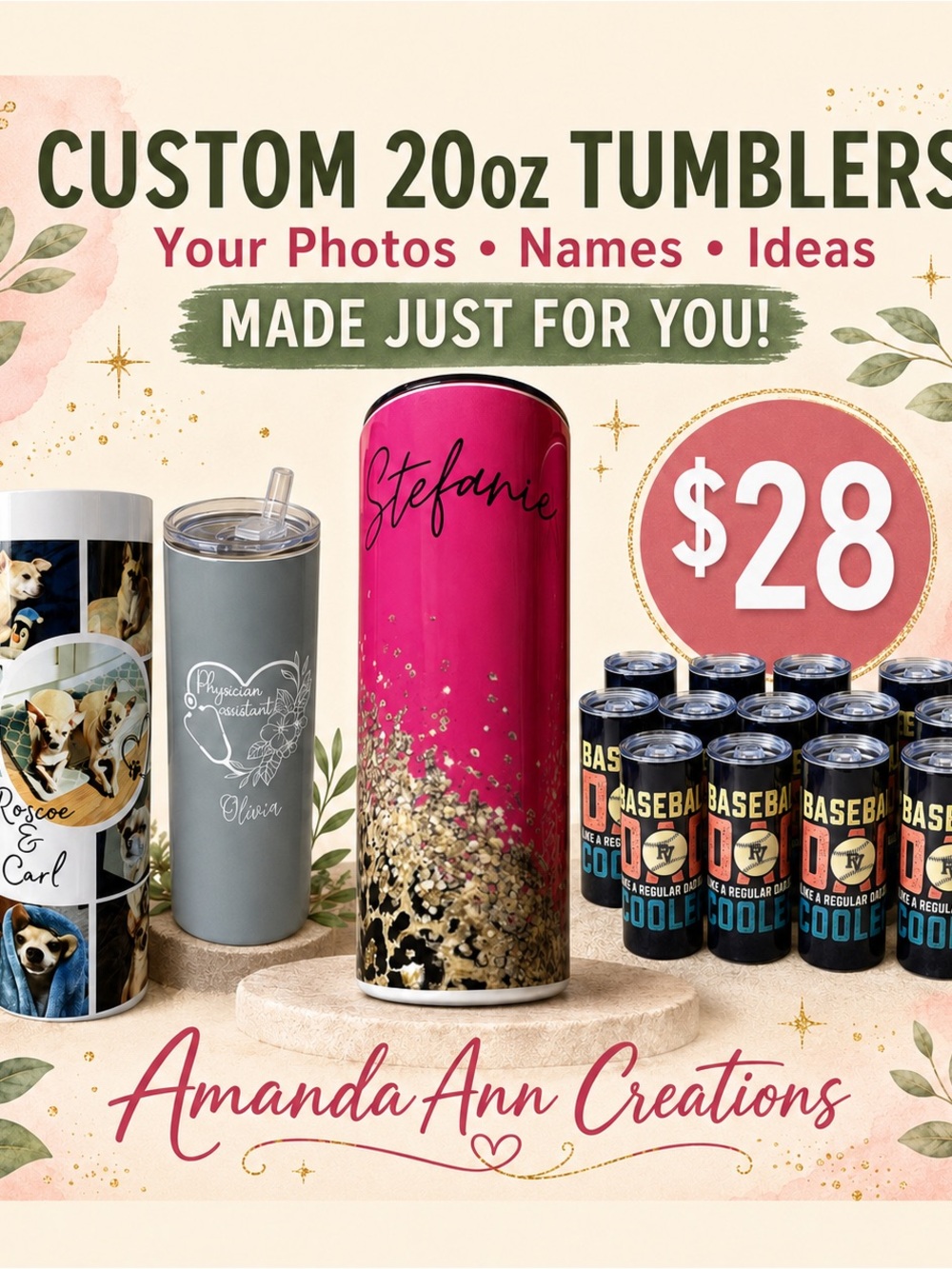 CUSTOM PHOTO 20OZ TUMBLER PERSONALIZED GIFT